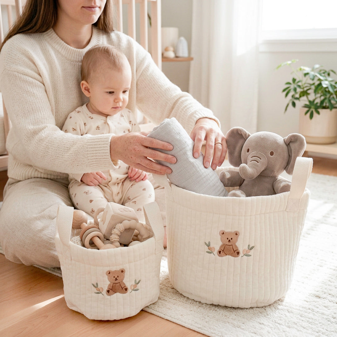 Cute baby organizer basket with bear embroidery