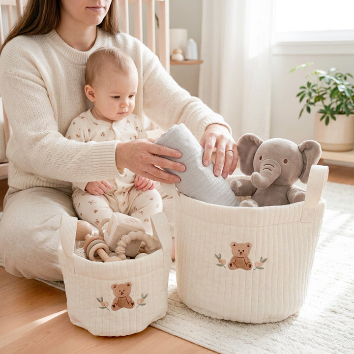 Cute baby organizer basket with bear embroidery