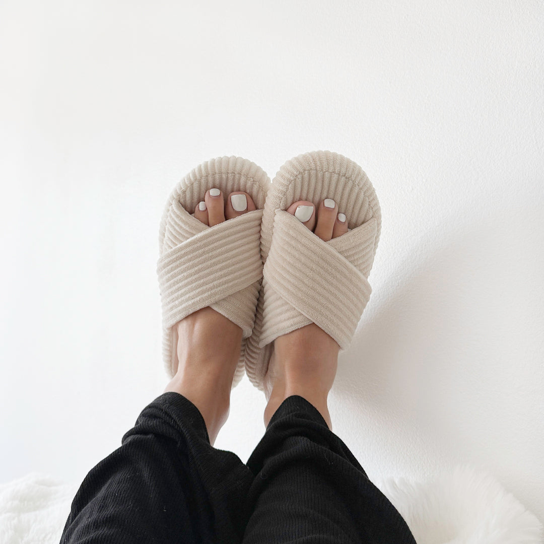 Open-toe corduroy slippers for cozy indoor wear