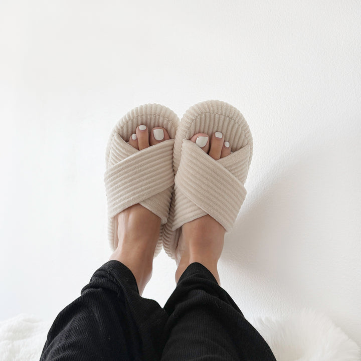 Open-toe corduroy slippers for cozy indoor wear