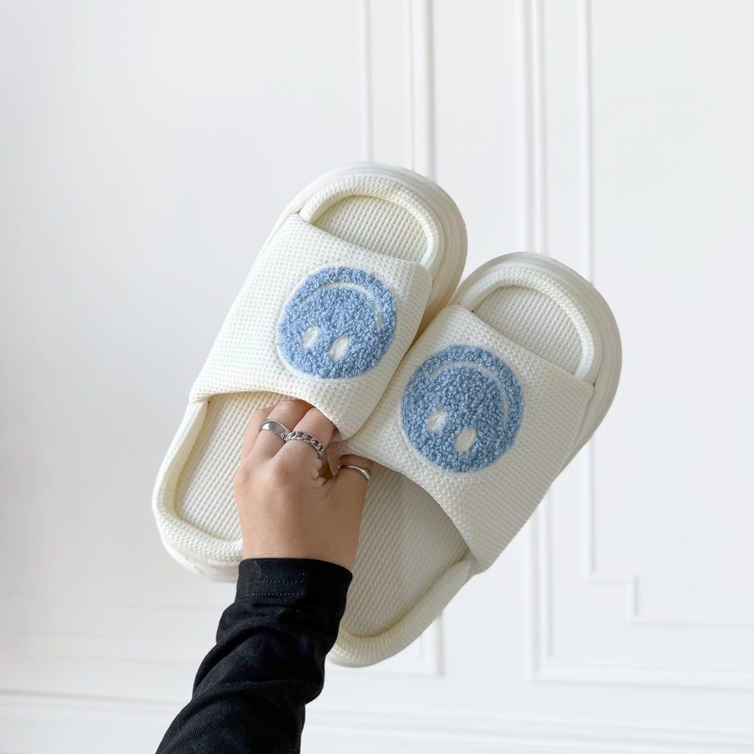 Women’s platform slides sandals with happy face embroidery