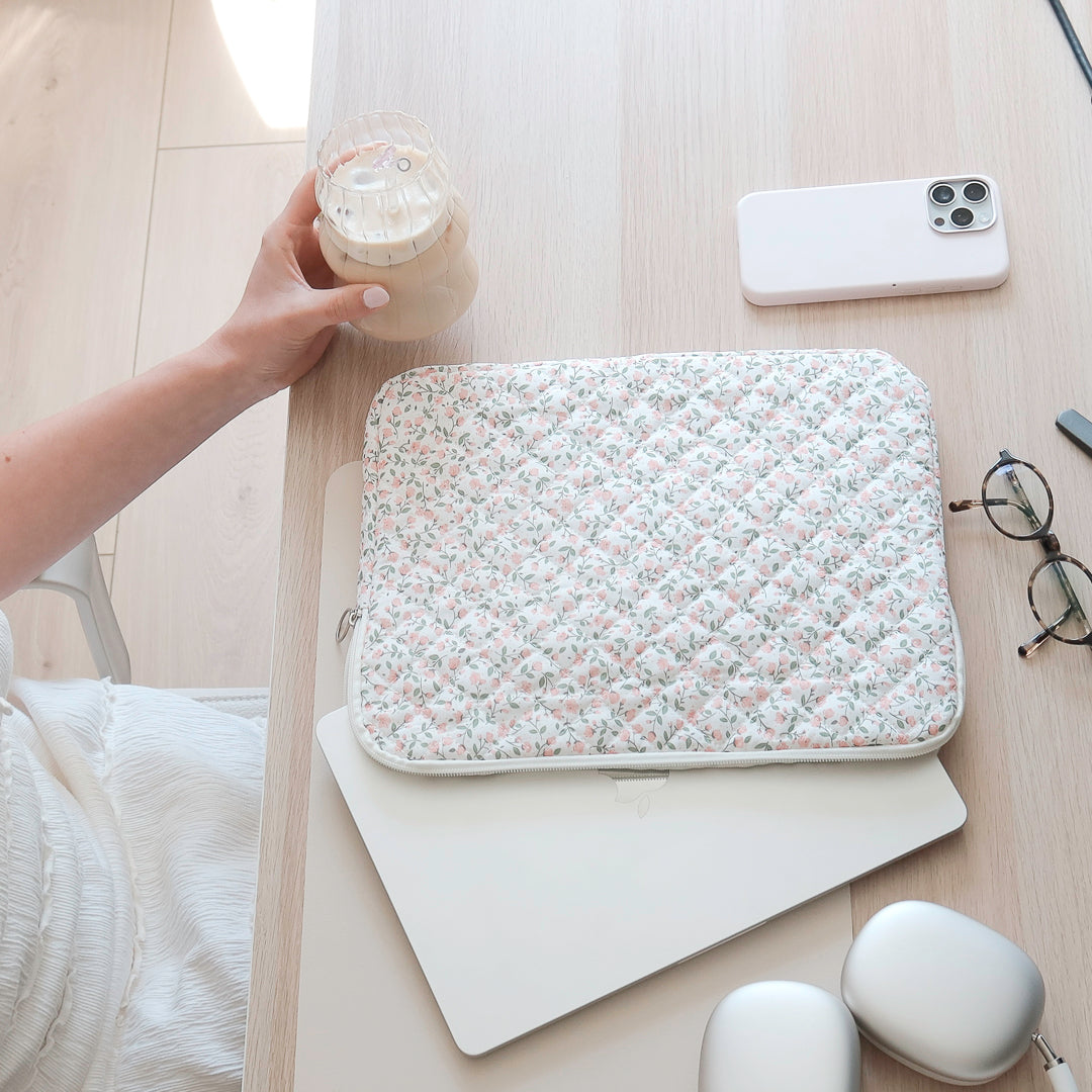 Quilted floral laptop sleeve set with matching pouches