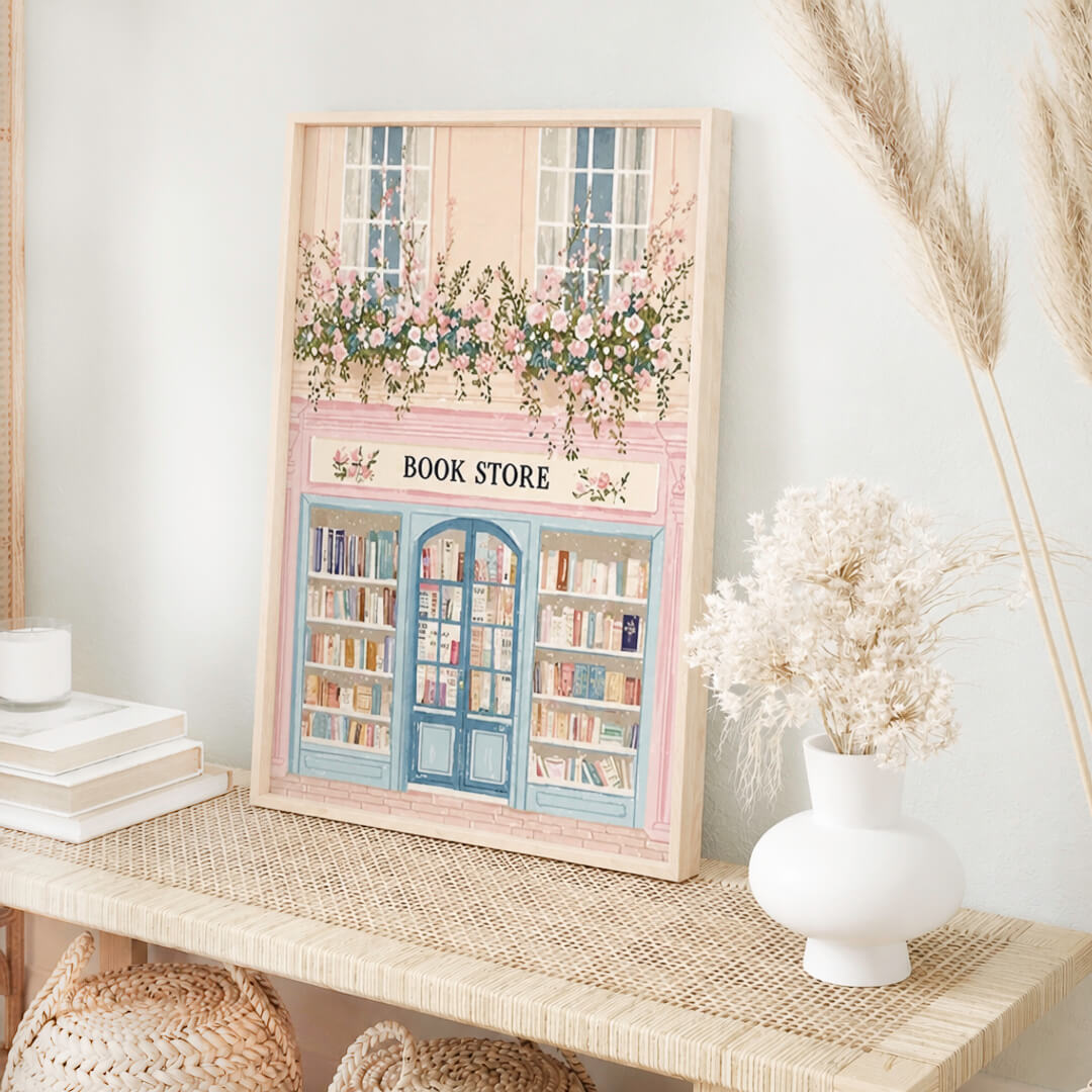 Whimsical bookstore print with vintage pastel architectural details