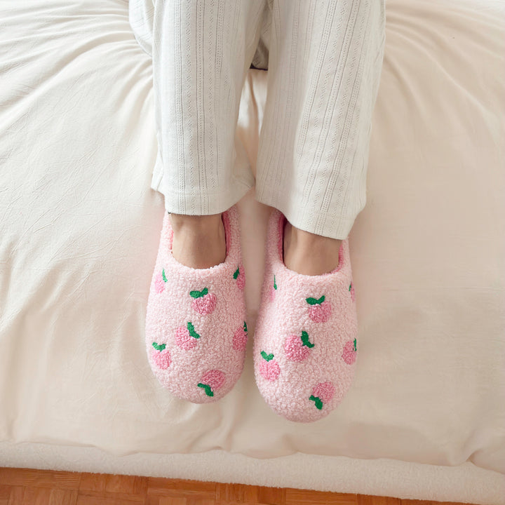 Soft pink house slippers with peach embroidery