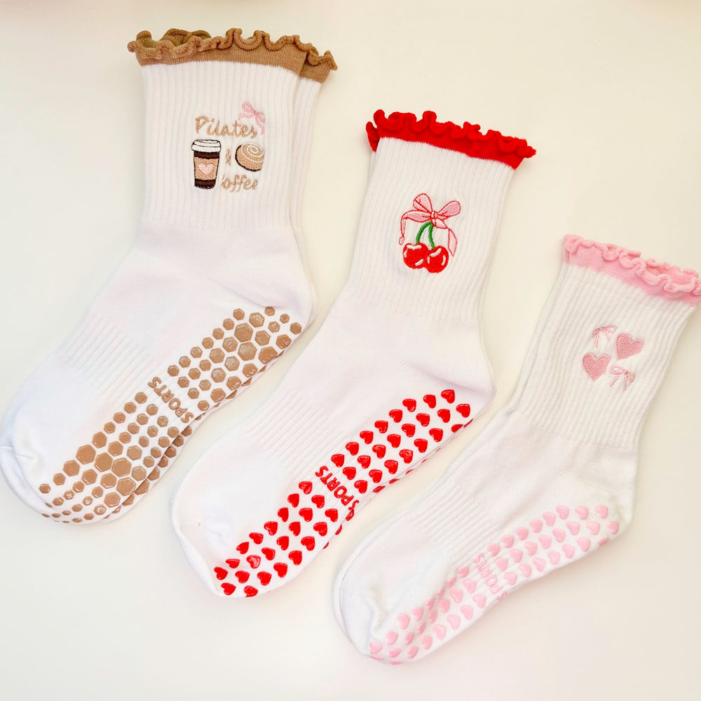Non-slip Pilates socks with coffee, cherry, and heart embroidery