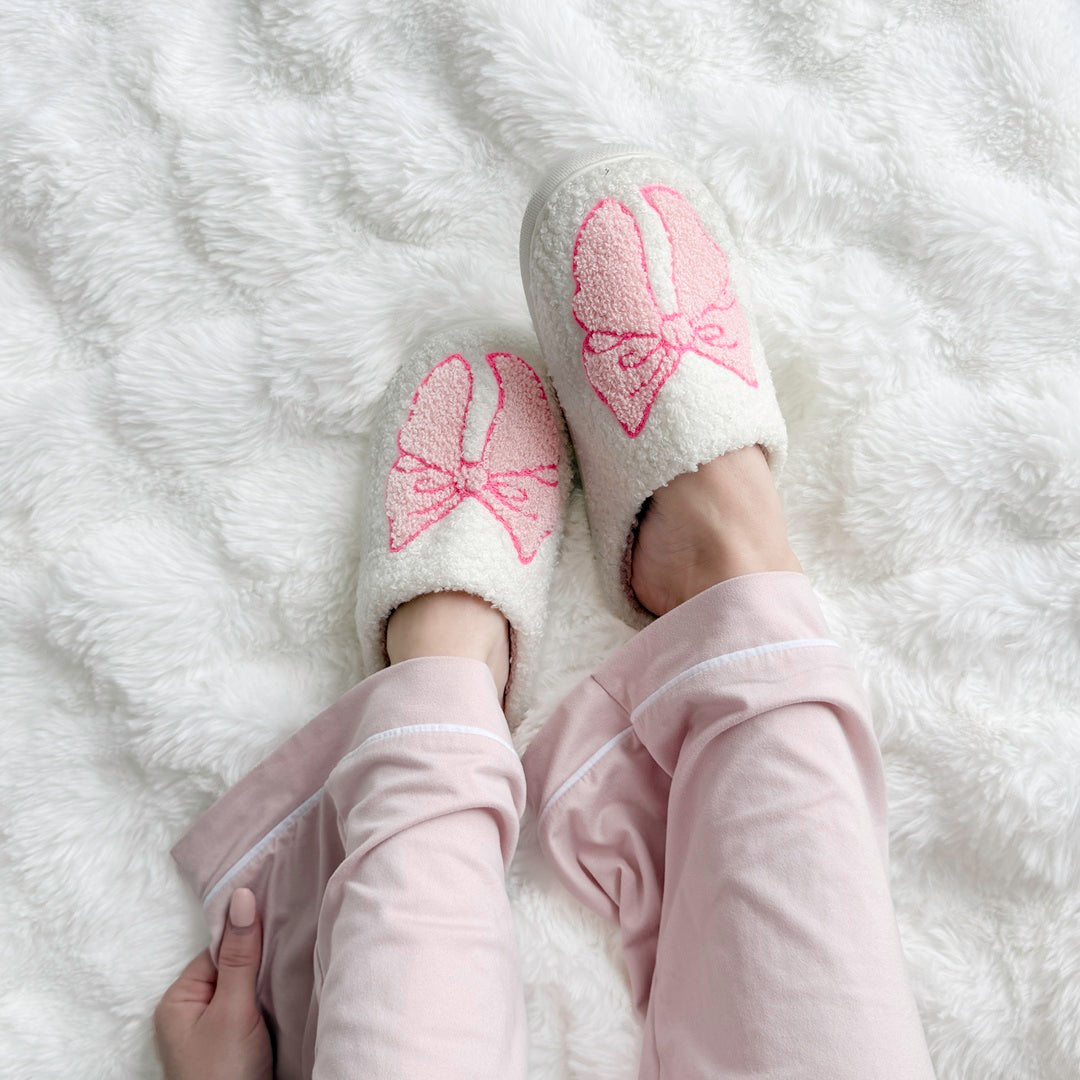 Cozy house slippers for women with embroidered bow detail