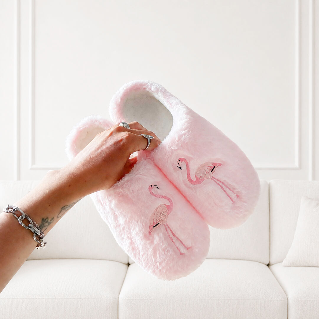 Soft pink flamingo slippers with plush lining