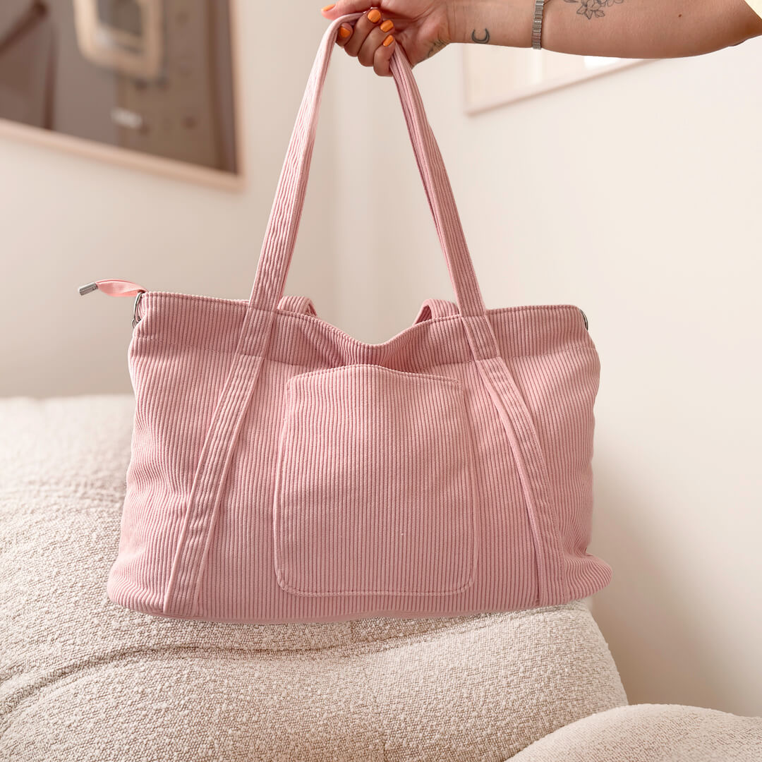 corduroy fabric tote bag with crossbody strap and top handles