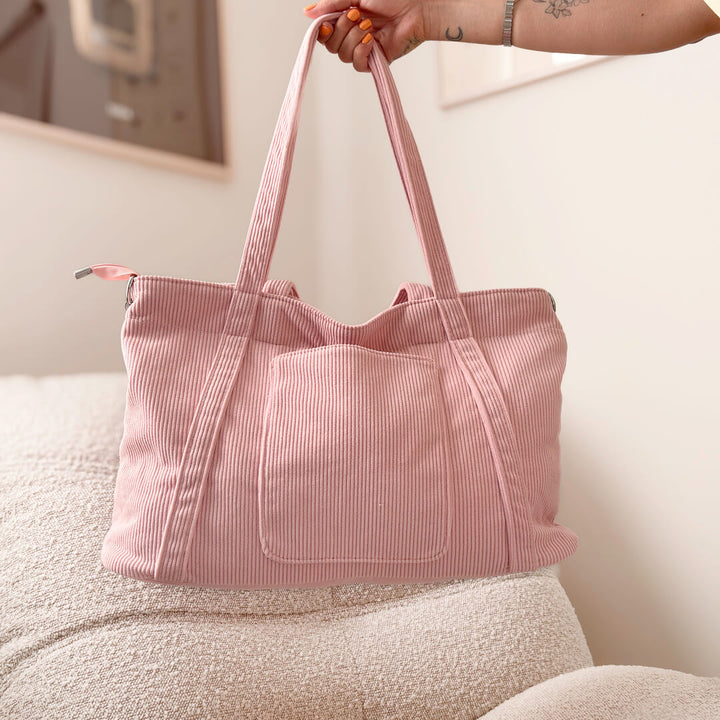 corduroy fabric tote bag with crossbody strap and top handles