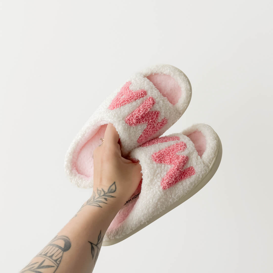 Fluffy white and pink MAMA slippers for women