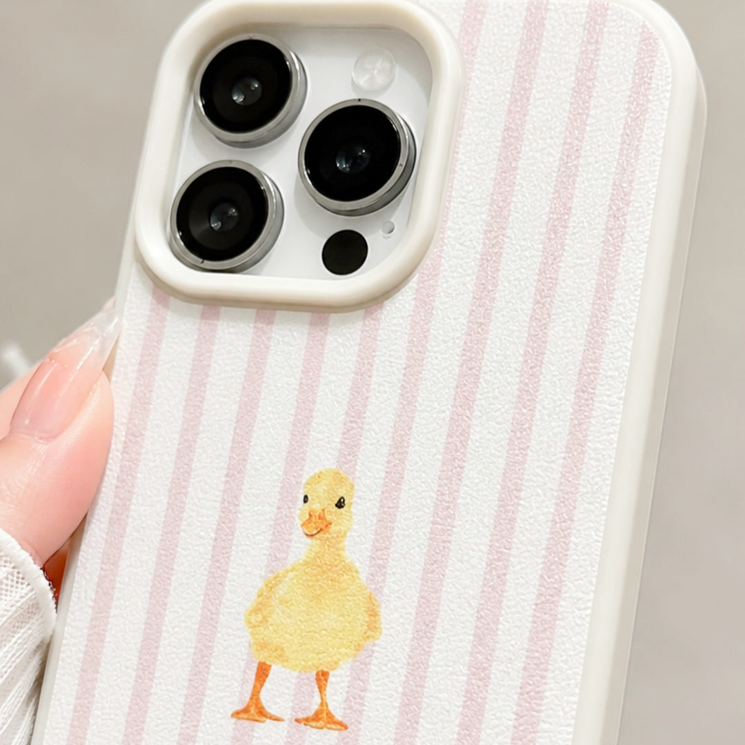 Pink striped iPhone case with yellow duck detail