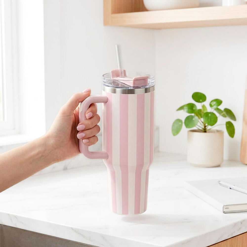 pink striped 40oz insulated tumbler with handle