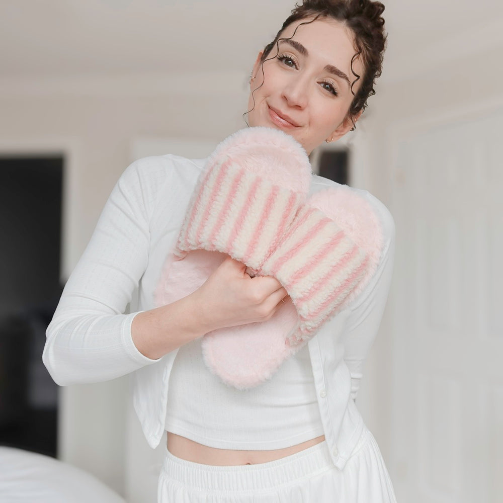 Pink striped plush slippers with soft faux fur lining for women