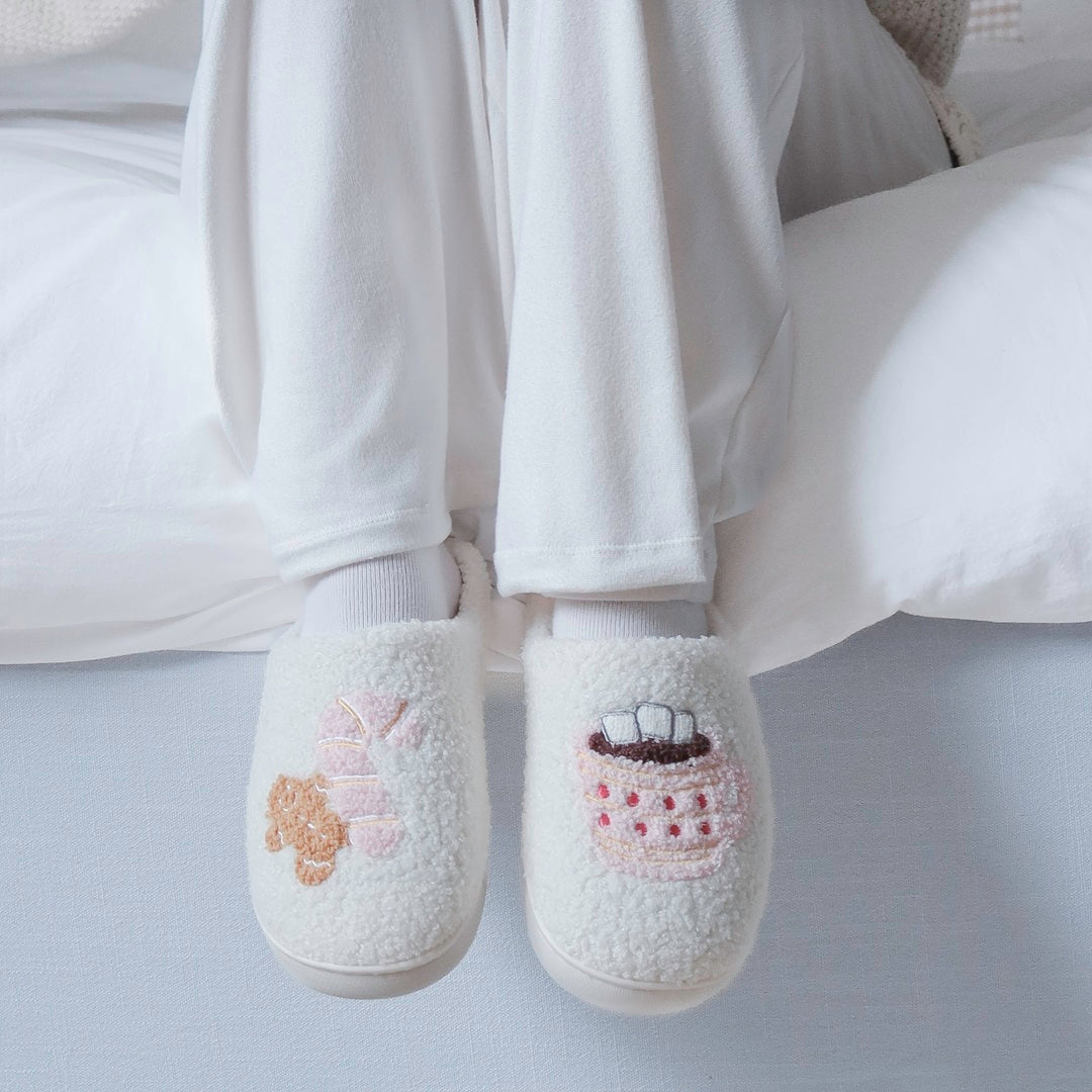 Holiday house slippers with gingerbread man and hot chocolate design