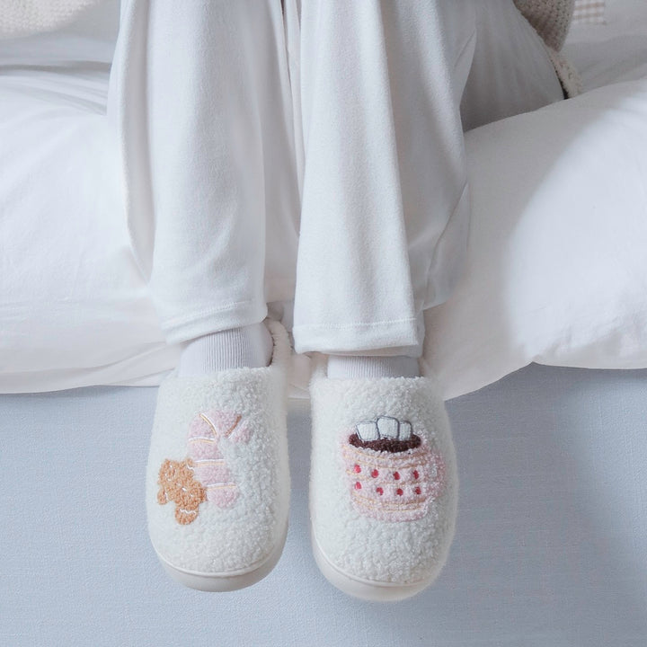 Holiday house slippers with gingerbread man and hot chocolate design