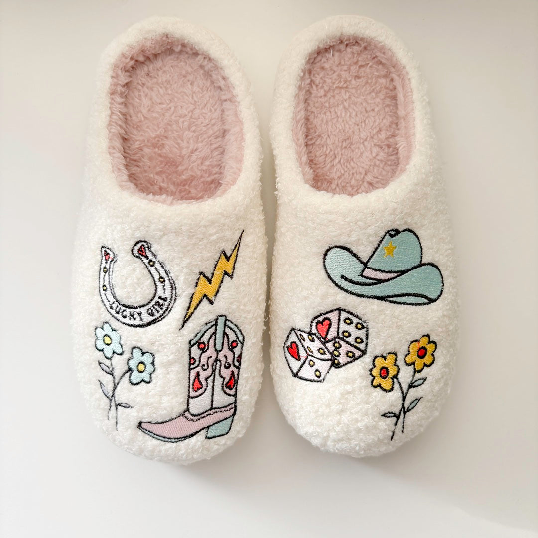 Women’s plush slippers with cowgirl boots and floral embroidery