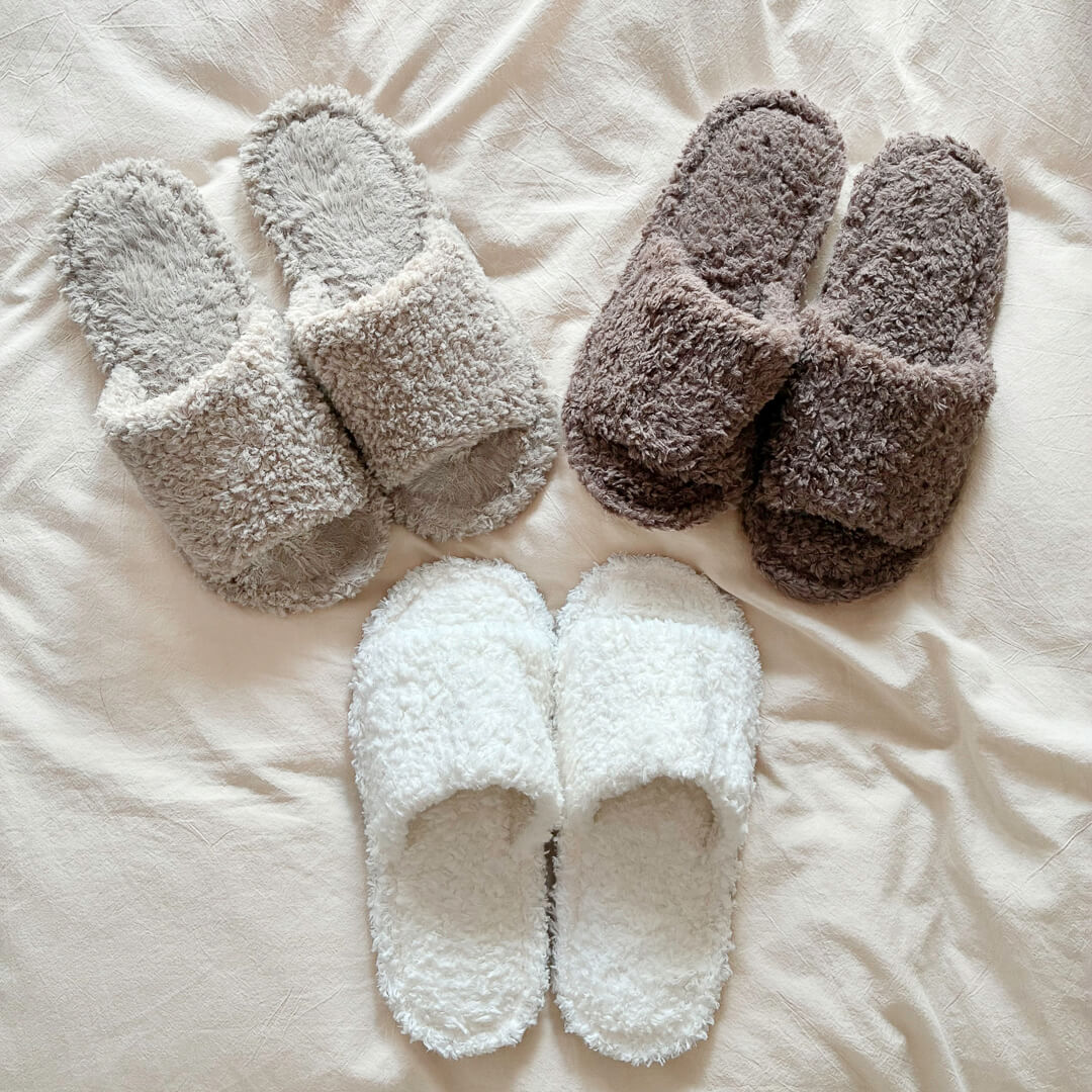 Soft fluffy slippers for women in three neutral colors