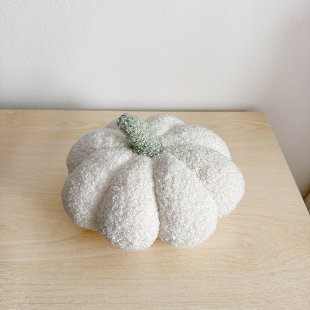 Decorative white pumpkin with fluffy boucle-style fabric