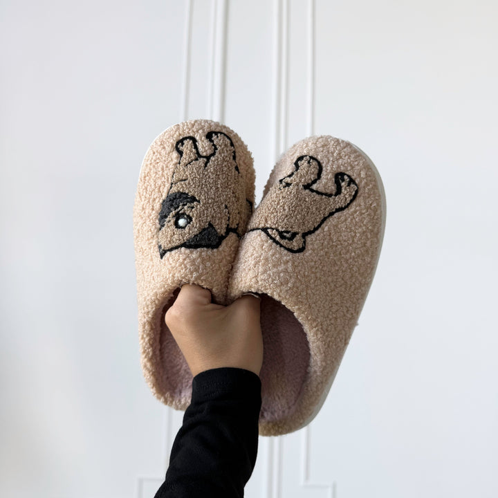 Comfortable house slippers with pug embroidery detail