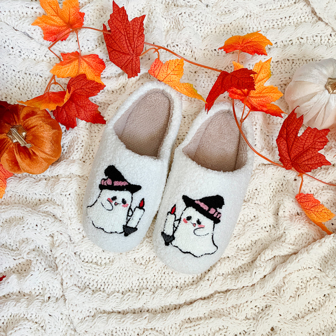 Plush house slippers with witch hat ghost design
