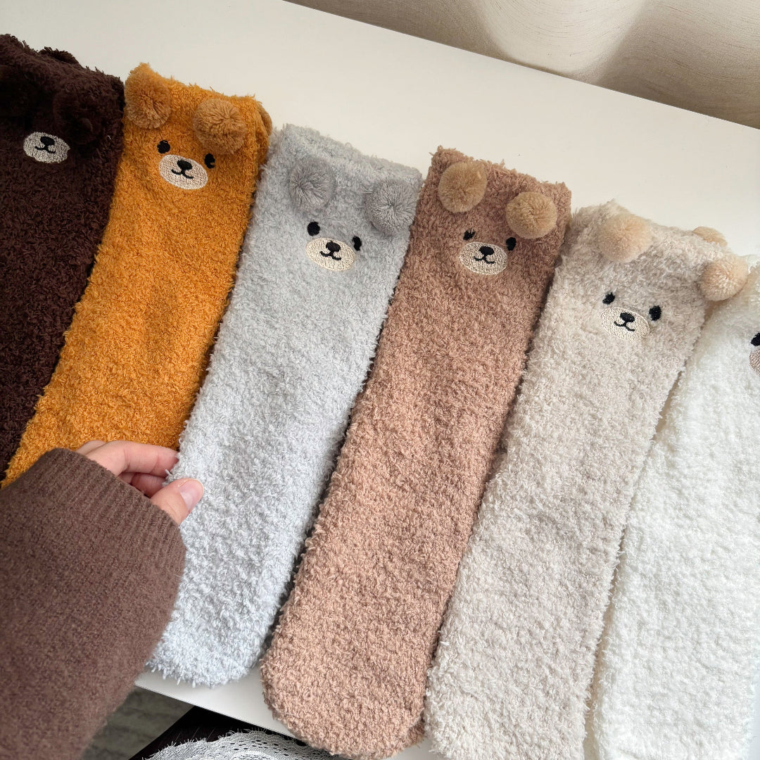 Cozy plush socks with bear face design