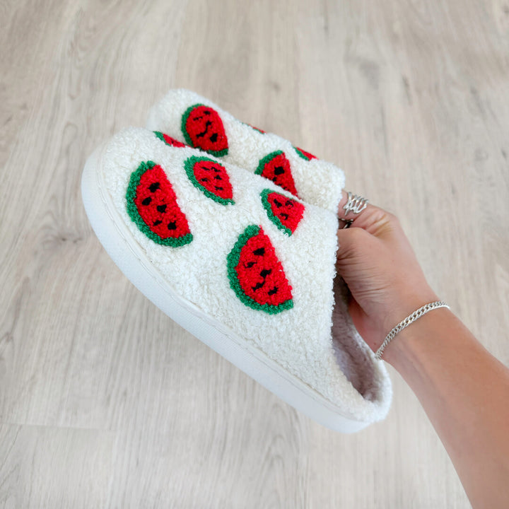 White house slippers with red and green watermelon details