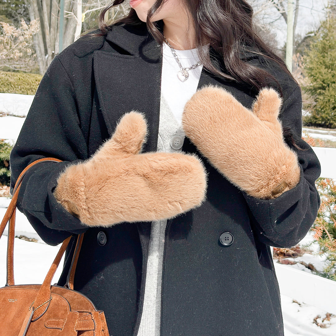  khaki fuzzy mittens with cozy lining for cold weather