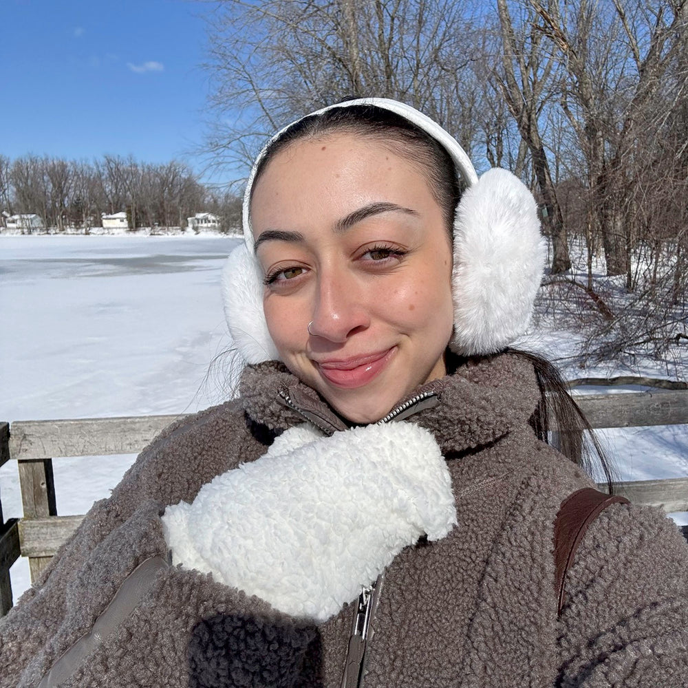 white cozy faux fur ear warmers in neutral colors