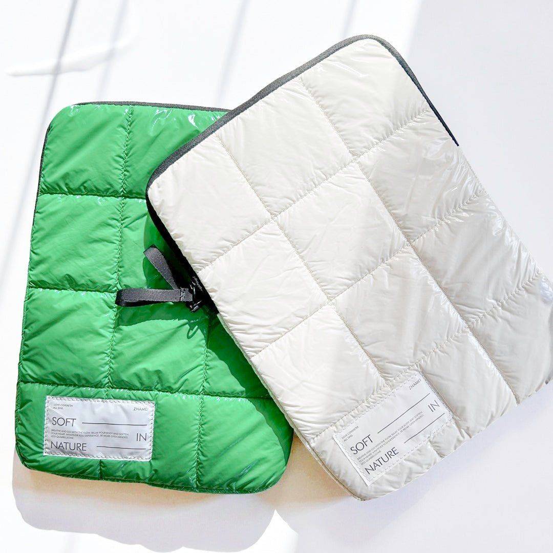 Green and white quilted puffer laptop sleeve for MacBook and iPad