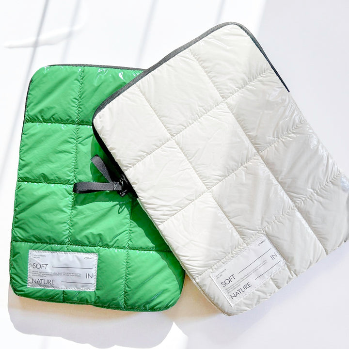 Green and white quilted puffer laptop sleeve for MacBook and iPad