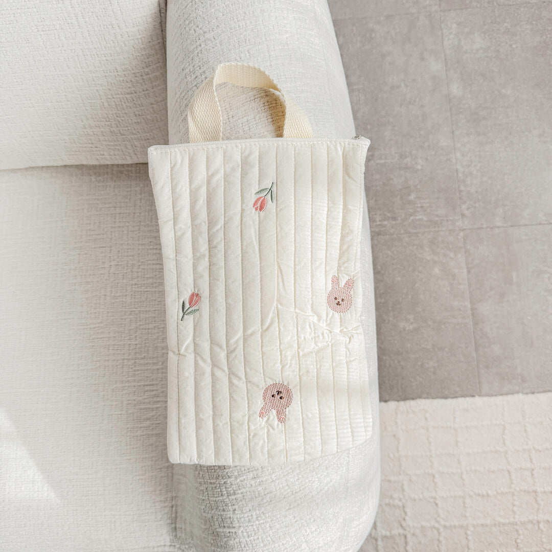 rabbit quilted tote bag with zipper closure