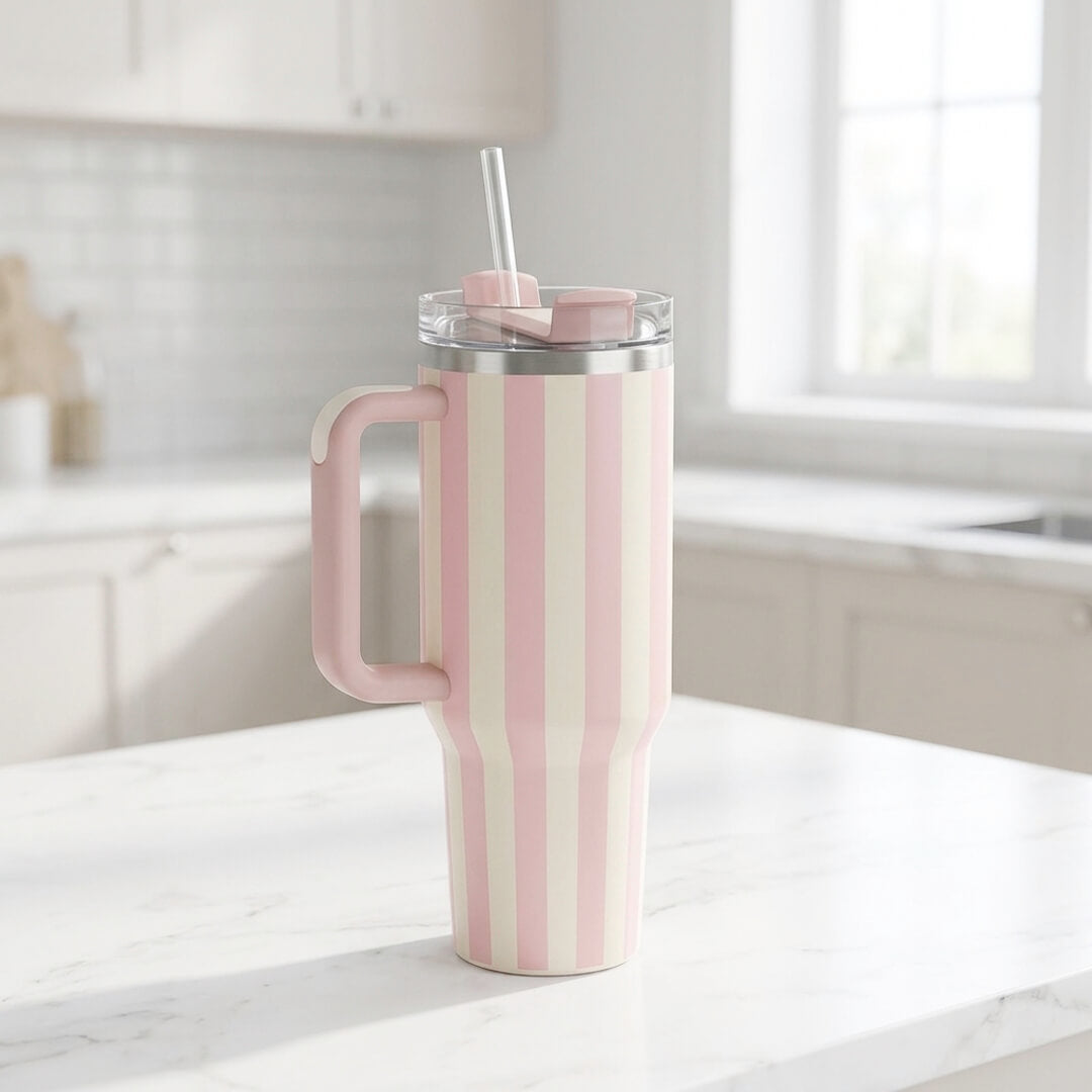 pink striped 40oz tumbler with ergonomic handle and spill-proof lid