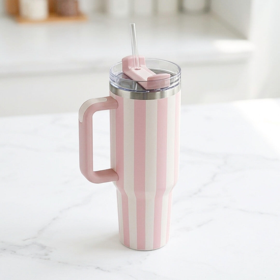 pink tumbler with handle and clear straw