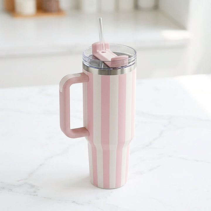 pink tumbler with handle and clear straw