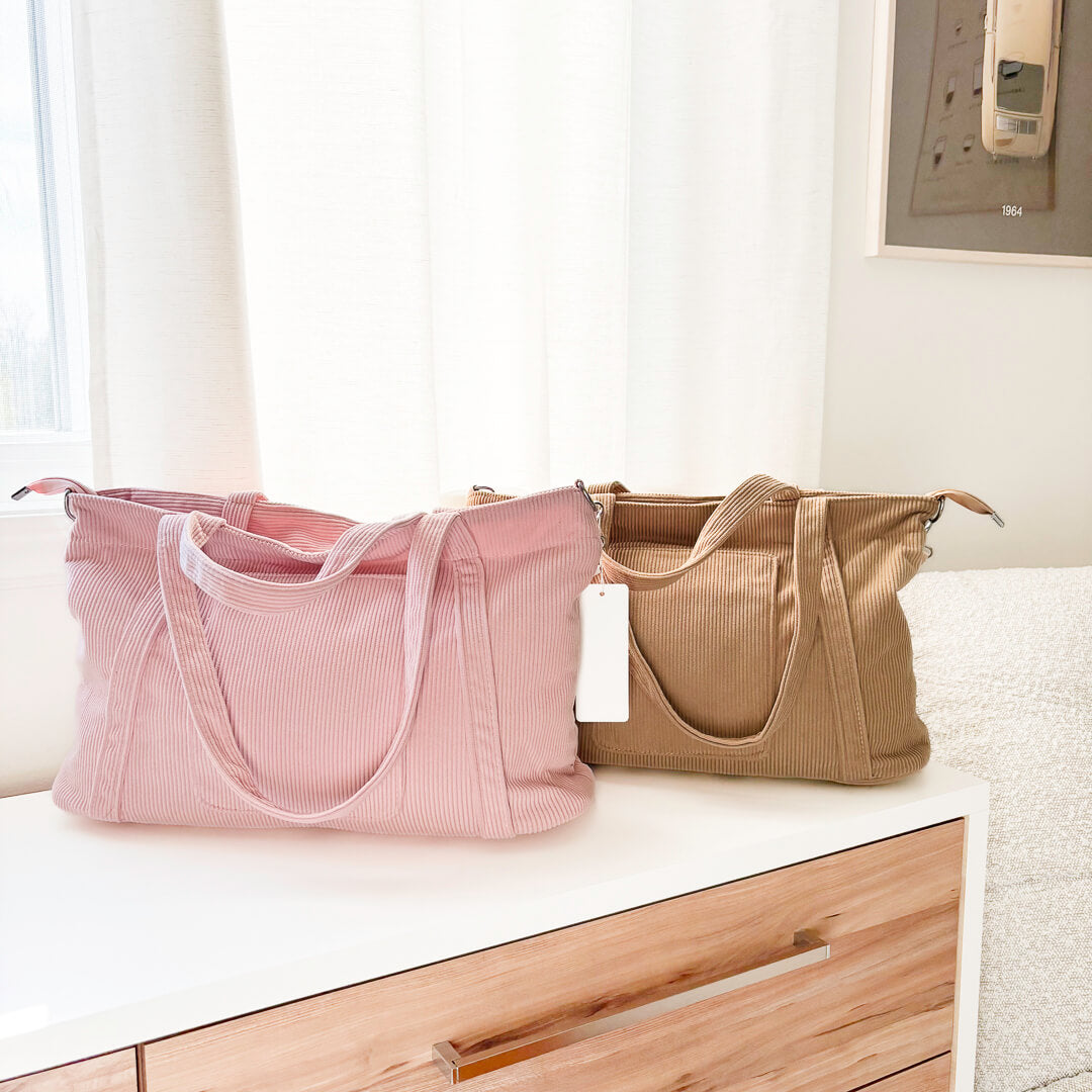 Ribbed corduroy shoulder tote bag with dual handles and crossbody strap