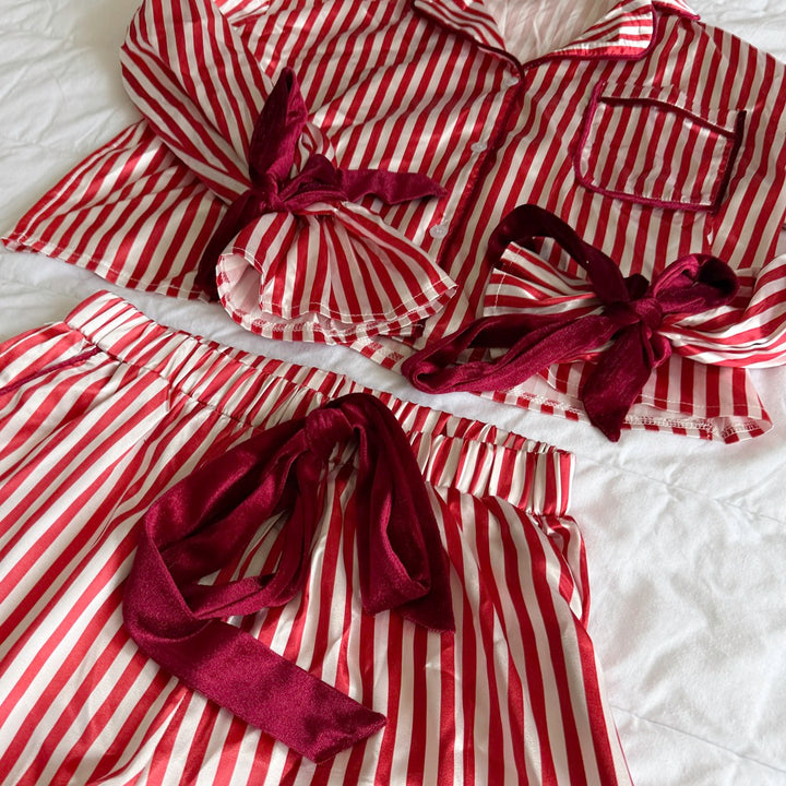 women’s satin pajama set with ribbon accents