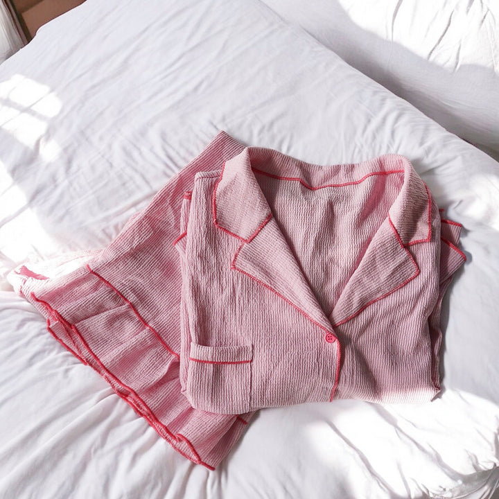 Soft cotton pajama set in pink with ruffle trim