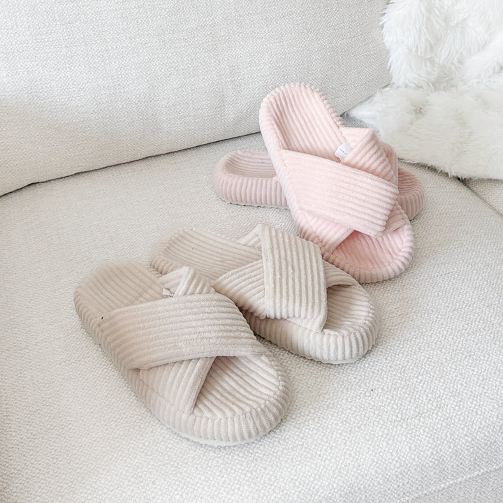 Soft corduroy slippers with crossband open-toe design
