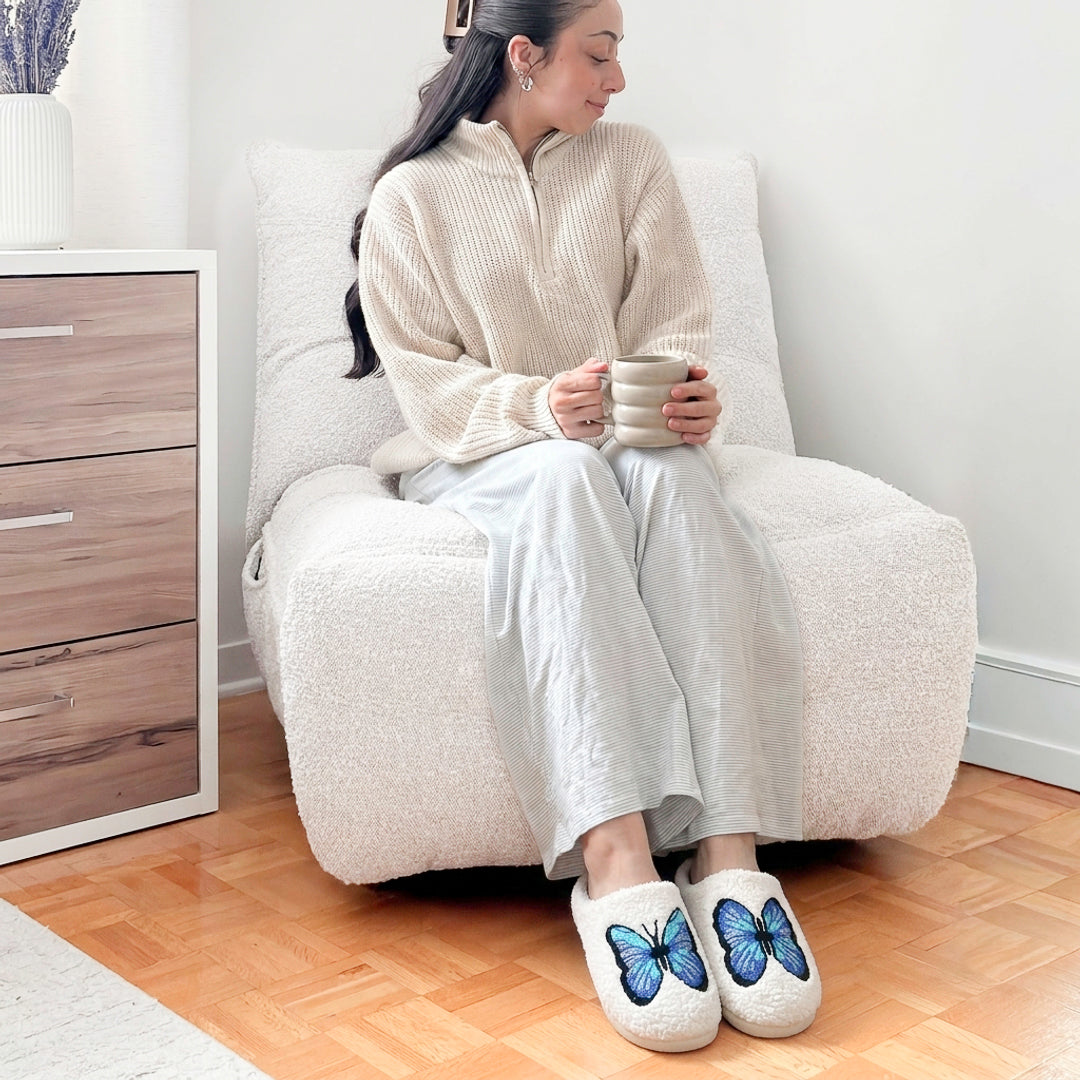 women's cozy plush house slippers with butterfly design