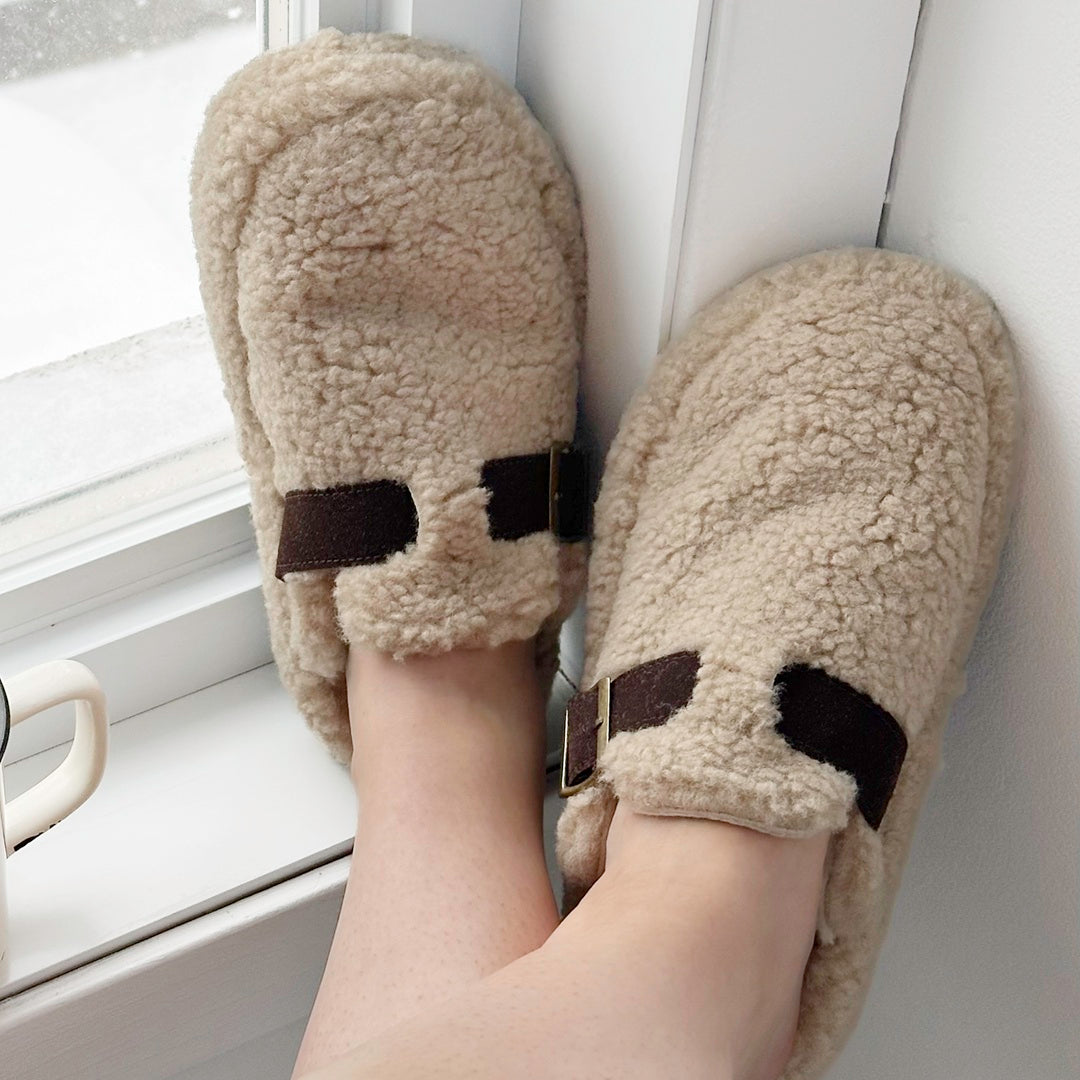 Warm sherpa mule slippers designed for lounging at home