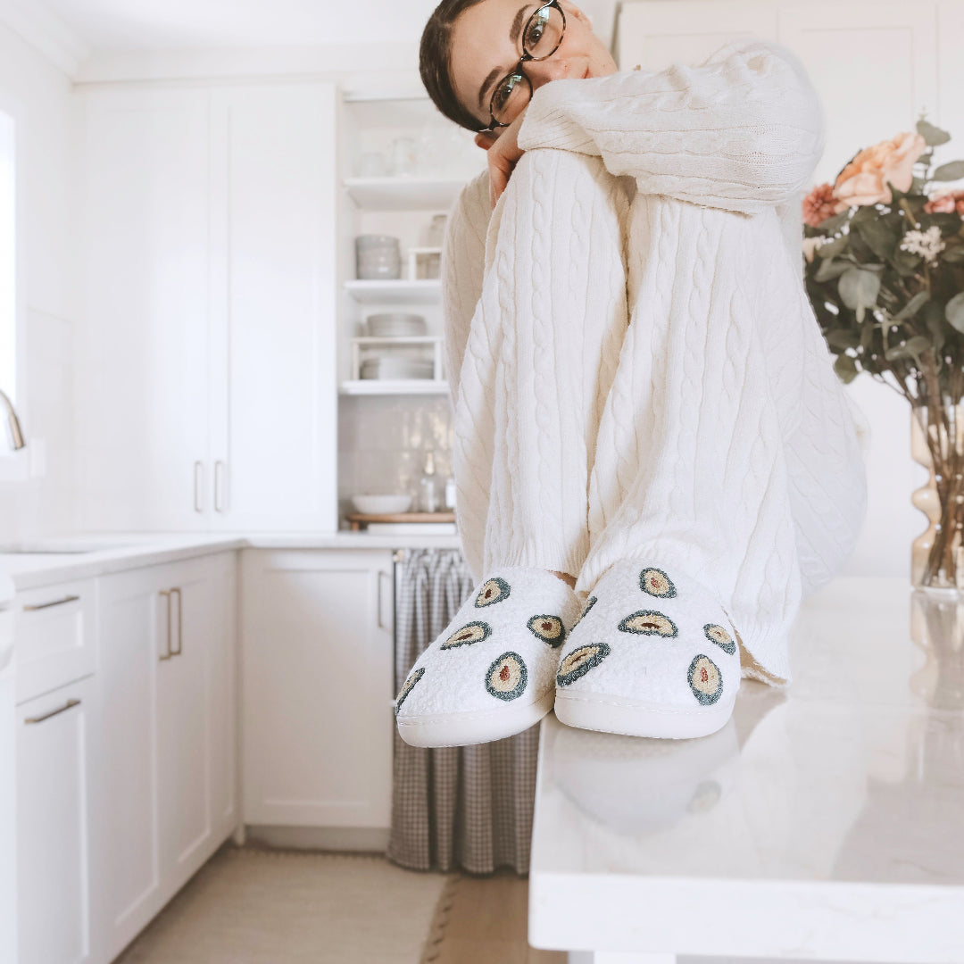 Ladies fluffy slippers with cute avocado accents