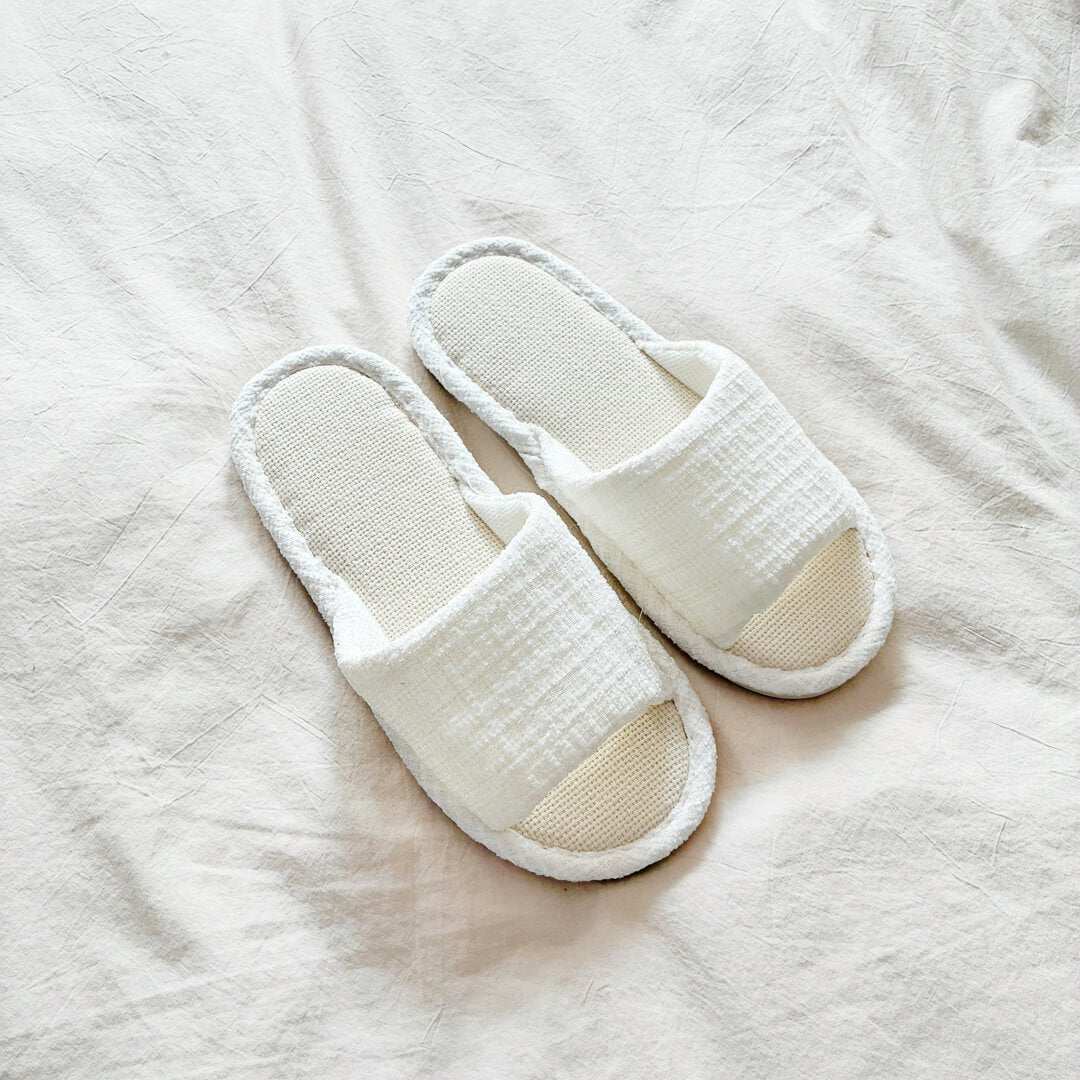 Linen house slippers with neutral soft indoor style