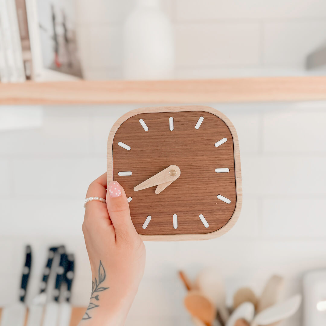 Square wooden bedside clock with clean white markers