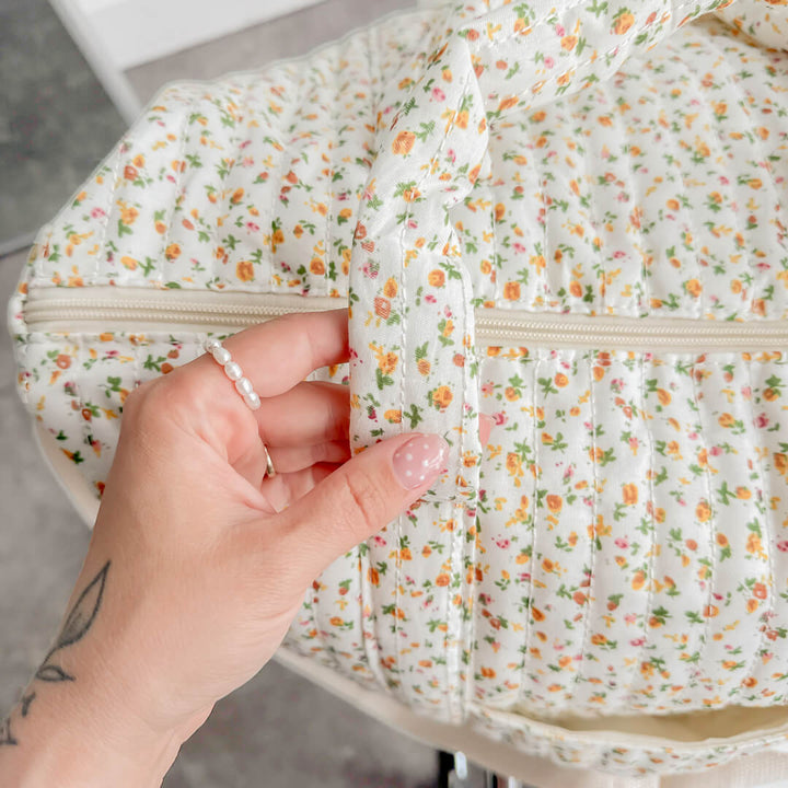 Floral travel tote bag with adjustable shoulder strap