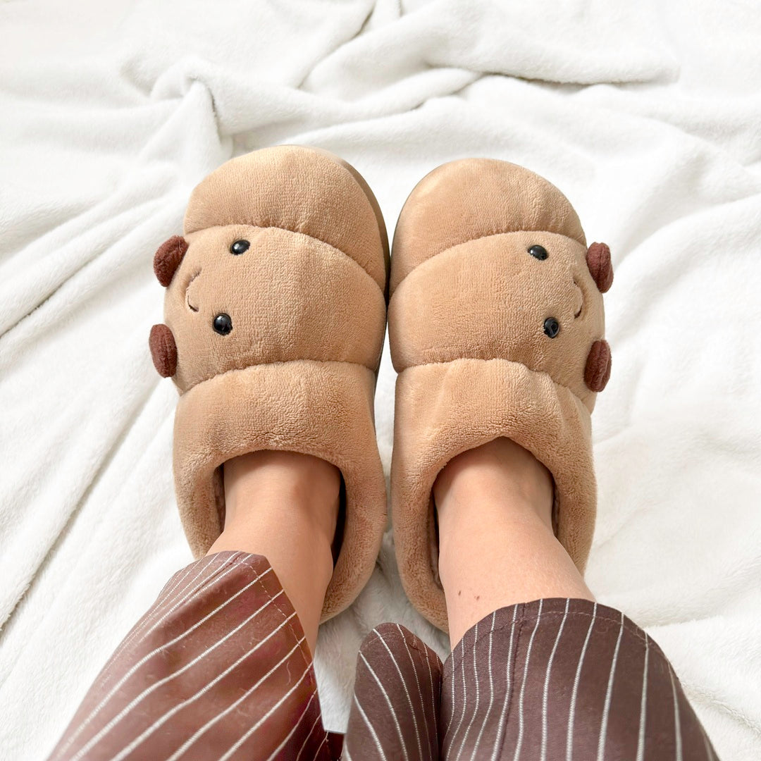 Cute brown croissant slippers with soft fleece lining