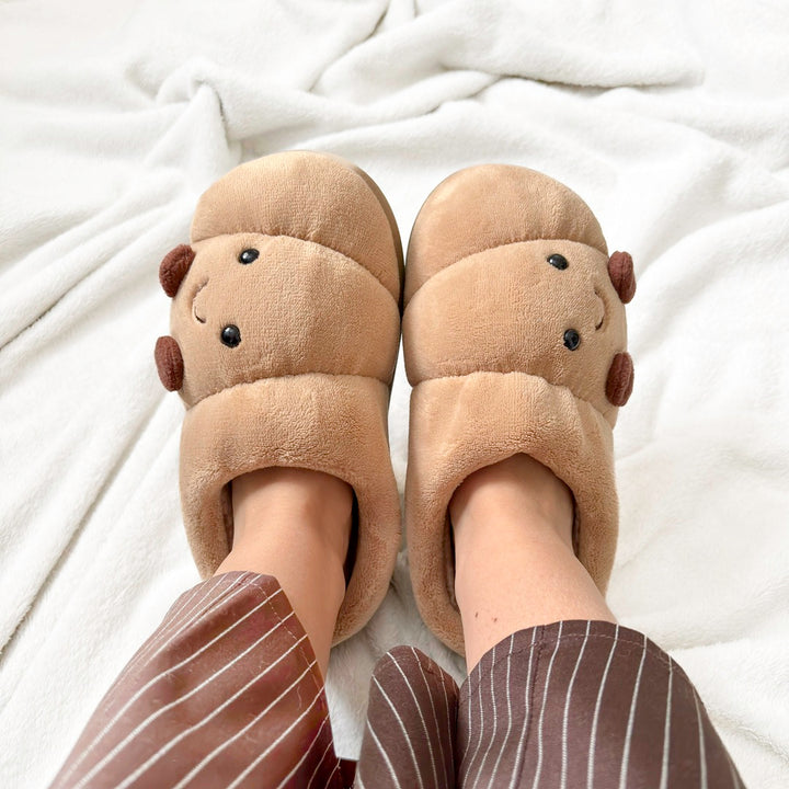 Cute brown croissant slippers with soft fleece lining