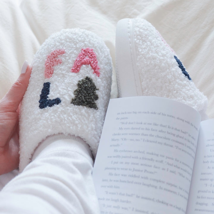 Plush holiday house slippers in white