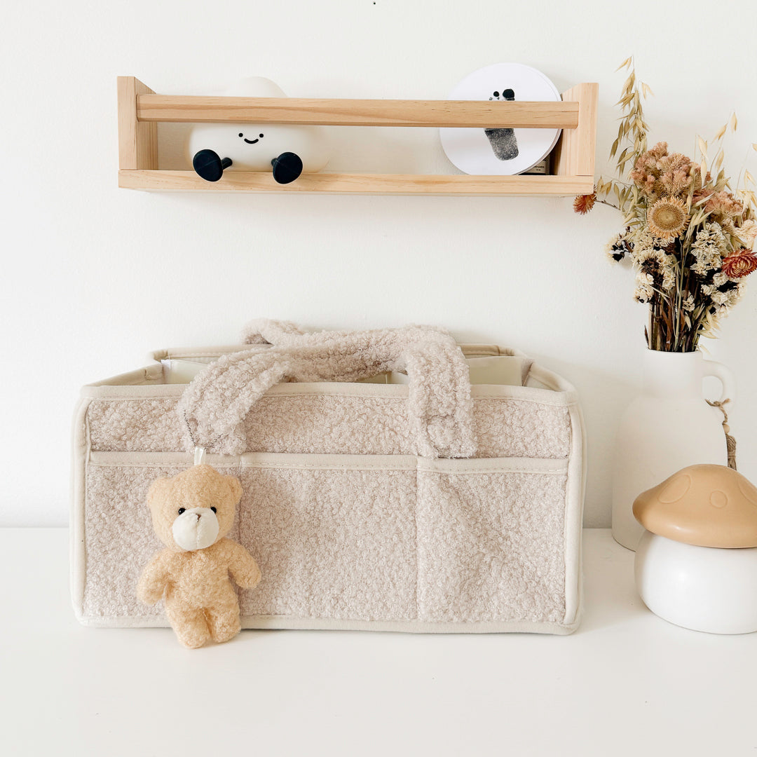 Teddy bear accent storage bin with plush handles