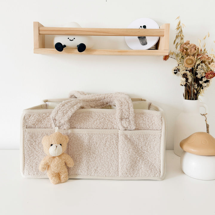 Teddy bear accent storage bin with plush handles