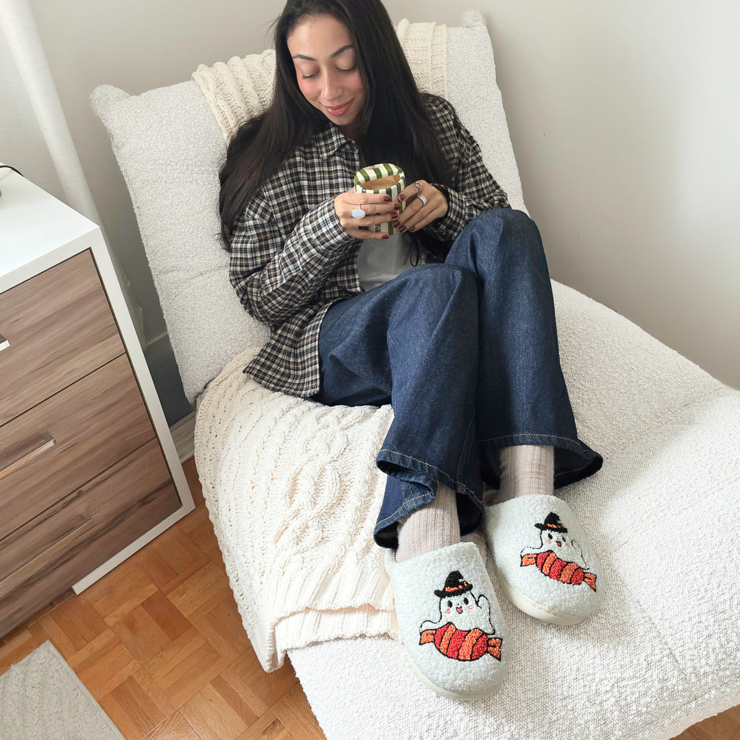 Cute Halloween slippers with spooky ghost artwork